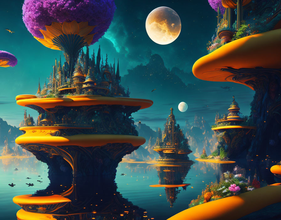 Fantastical landscape with mushroom-like structures, ornate buildings, and twin moons in twilight sky over