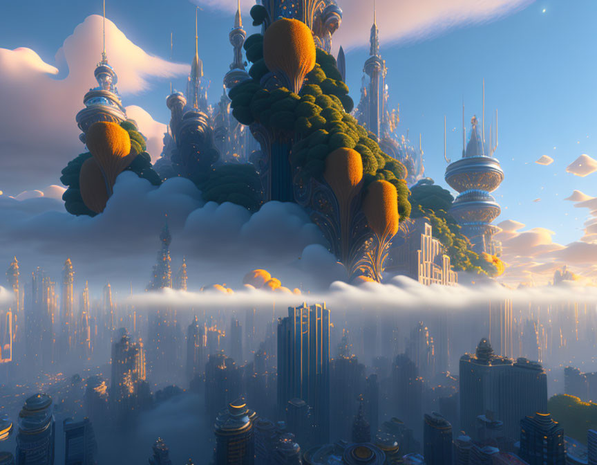 Futuristic city with towering spires and floating islands in golden sunset.