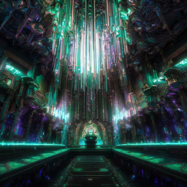 Futuristic cathedral interior with neon lights and metallic structures