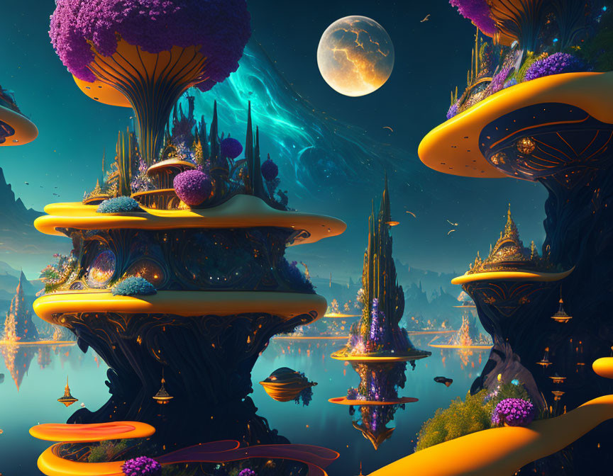 Fantasy landscape with mushroom structures, floating islands, and alien flora castle at night