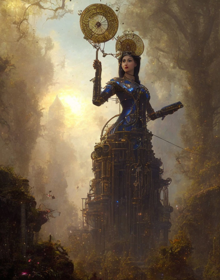 Regal figure in blue dress on mechanical tower in misty forest scenery