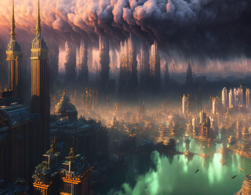 Fantastical cityscape with towering spires and flying crafts over water