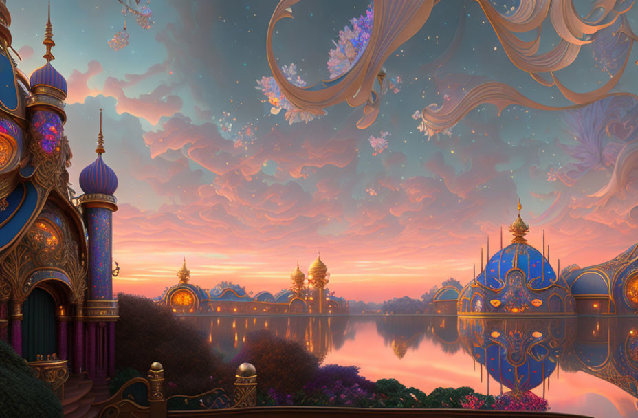 Fantastical landscape with Eastern-inspired architecture by calm lake