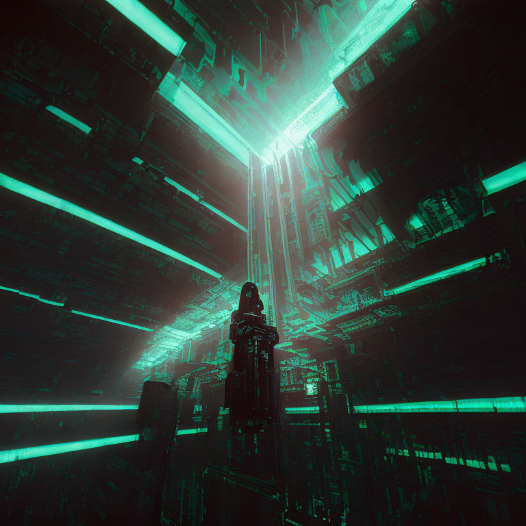 Futuristic cyberpunk cityscape with neon-lit skyscrapers and lone figure.