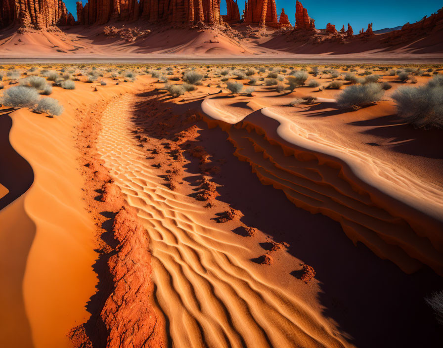 Rippled sand dune with sparse vegetation and rock formations under clear sky