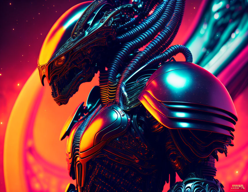 Futuristic robotic entity with metallic textures and glowing orange highlights on vibrant red backdrop