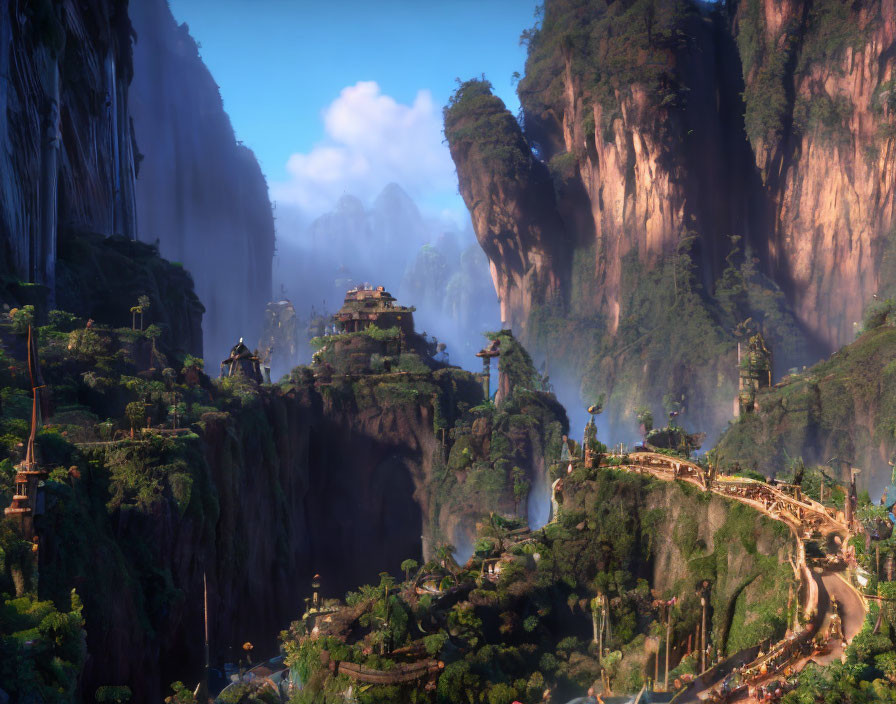 Mystical valley with steep cliffs, waterfalls, and Asian-inspired architecture nestled in lush greenery