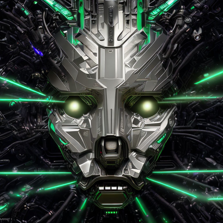 Detailed Robotic Face with Glowing Green Eyes and Mechanical Parts