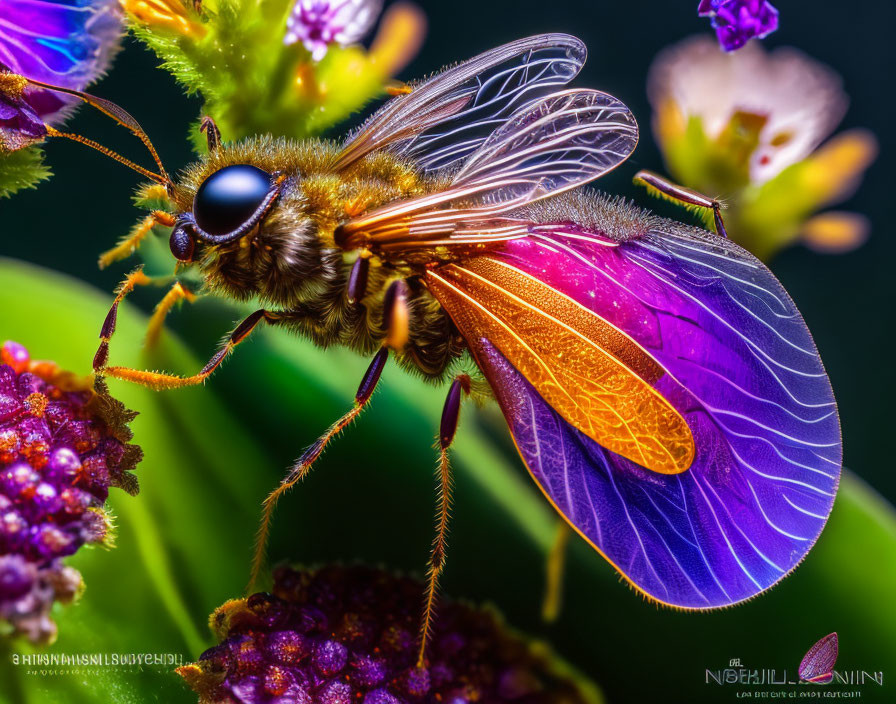 Close-up of vibrant bee with translucent wings on flower, intricate details and vivid colors