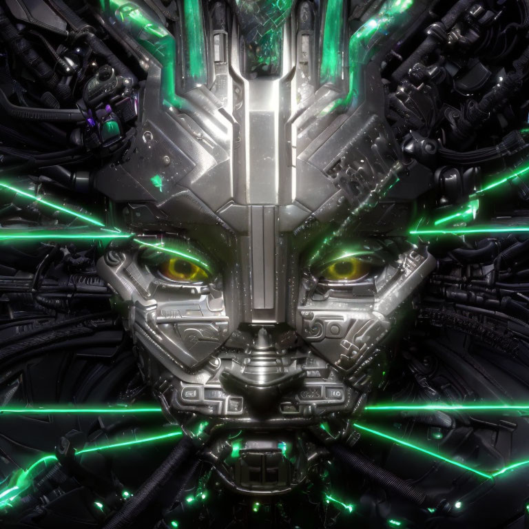 Detailed metallic robot face with glowing green eyes and cybernetic components.