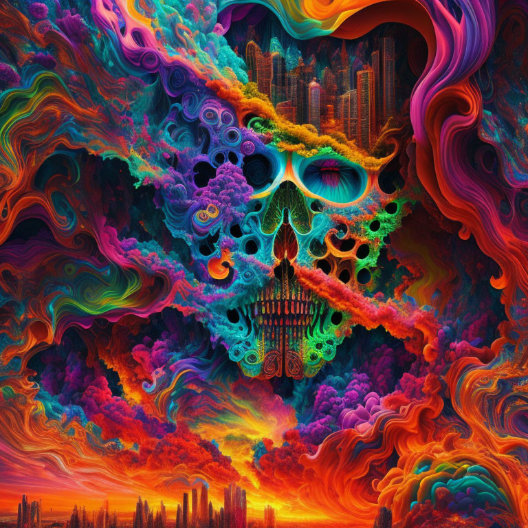 Colorful Psychedelic Art: Swirling Patterns, Skull, & Cityscape