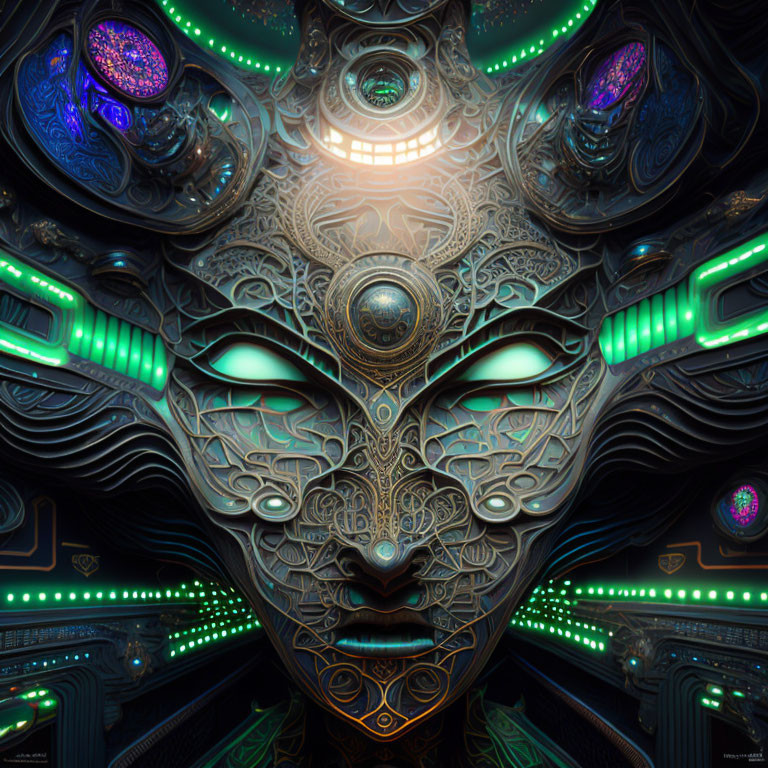 Detailed Futuristic Symmetrical Face with Neon Lights & Mechanical Elements