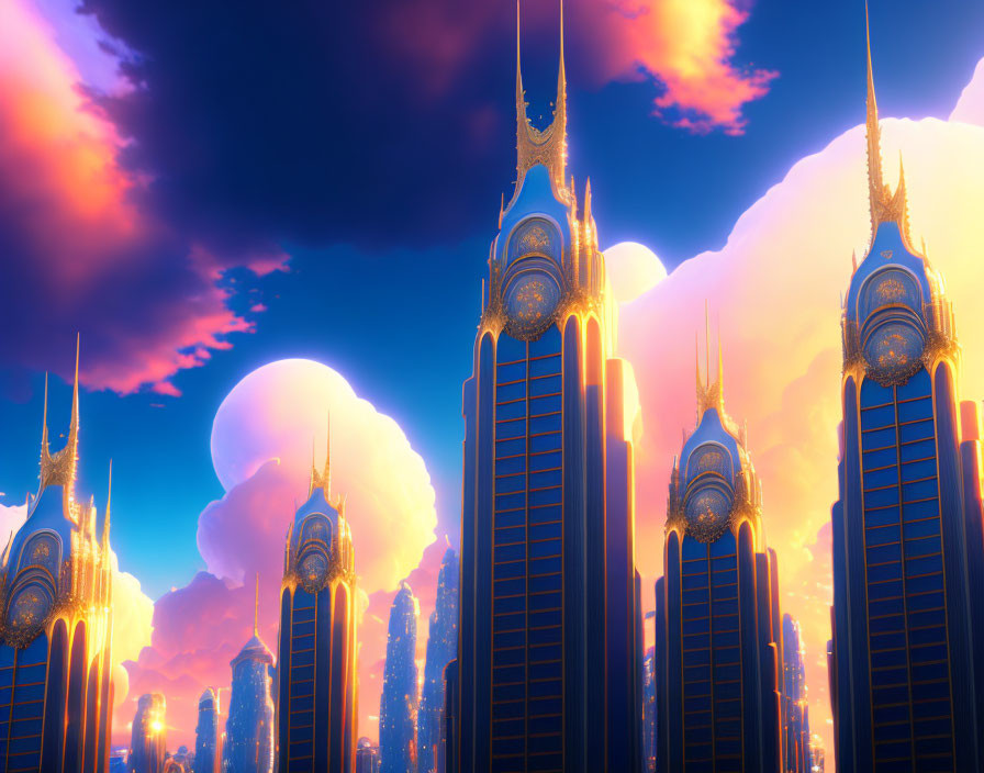 Futuristic cityscape with towering spires at sunset