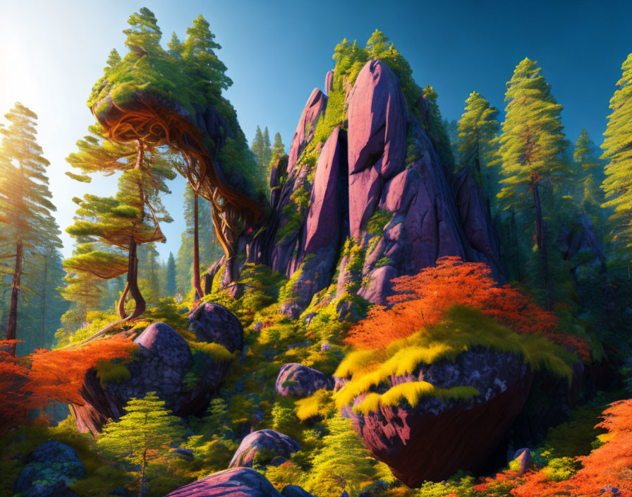 Vibrant surreal landscape with twisted trees, purple rocks, and orange foliage