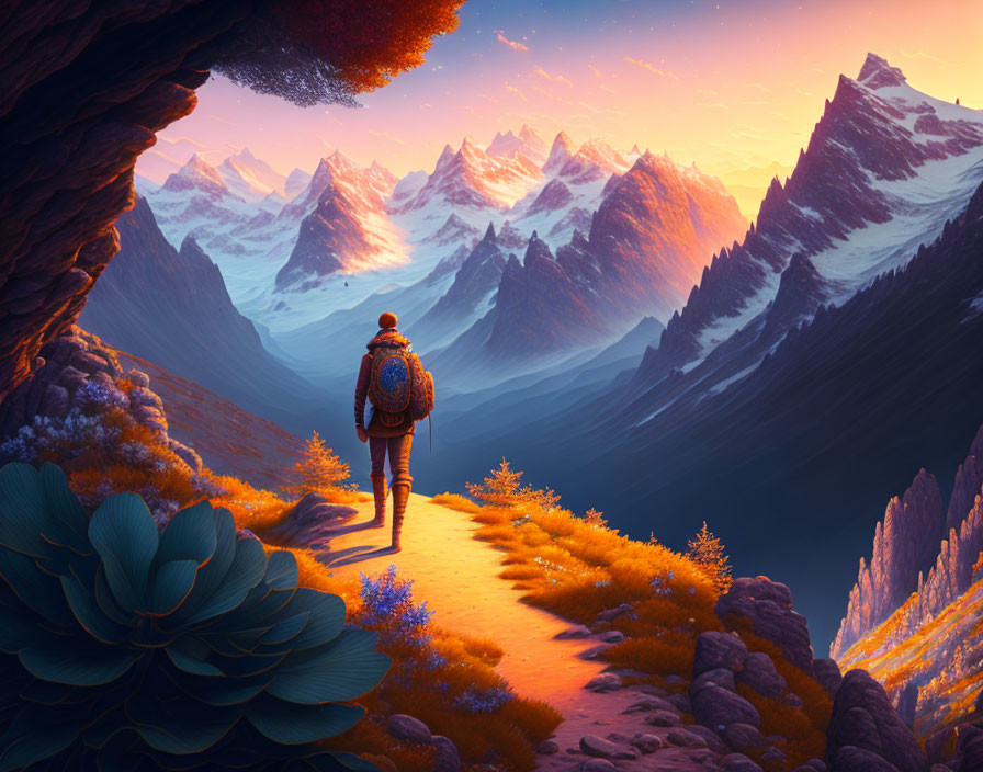 Hiker with backpack walking towards snow-capped mountains at sunrise