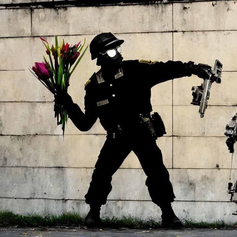 Silhouette of person in militarized outfit with flowers and gun against wall