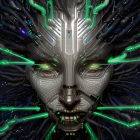 Symmetrical digital artwork: humanoid face with neon green and blue highlights