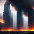 Skyscrapers engulfed in flames with cascading fire and billowing smoke