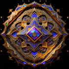 Symmetrical gold, blue, and purple mandala with intricate geometric patterns