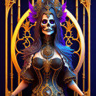 Skeletal figure in ornate armor with glowing blue spectral hand before golden archway