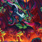 Colorful Psychedelic Art: Swirling Patterns, Skull, & Cityscape