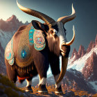 Ornately adorned yak with long curved horns in mountain setting