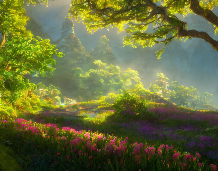 Sunlit Forest with Flowers and Misty Mountains