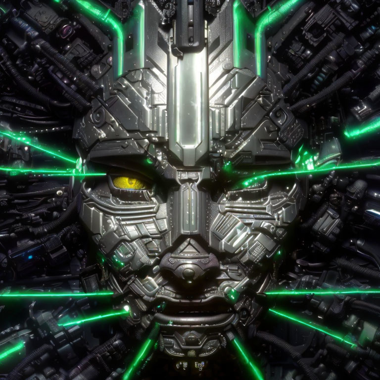 Detailed metallic robot face with intricate designs and glowing green lights and a singular glowing yellow eye