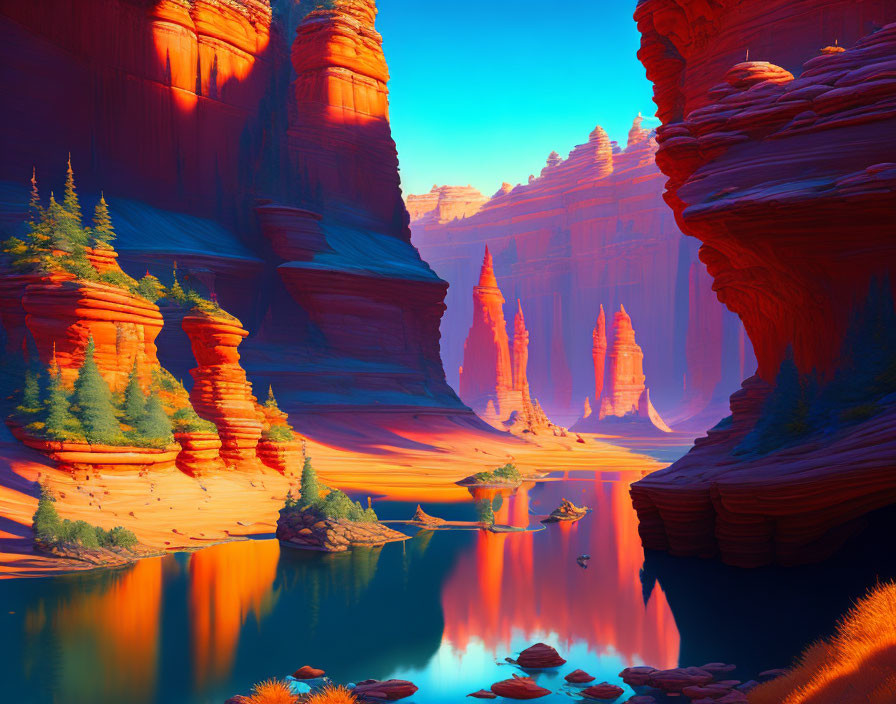 Digital Art: Serene River Canyon with Red Rock Formations