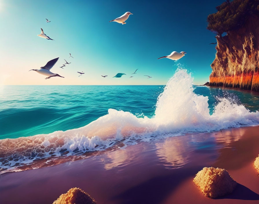 Seagulls Flying Over Serene Beach with Waves and Cliff in Sunlight