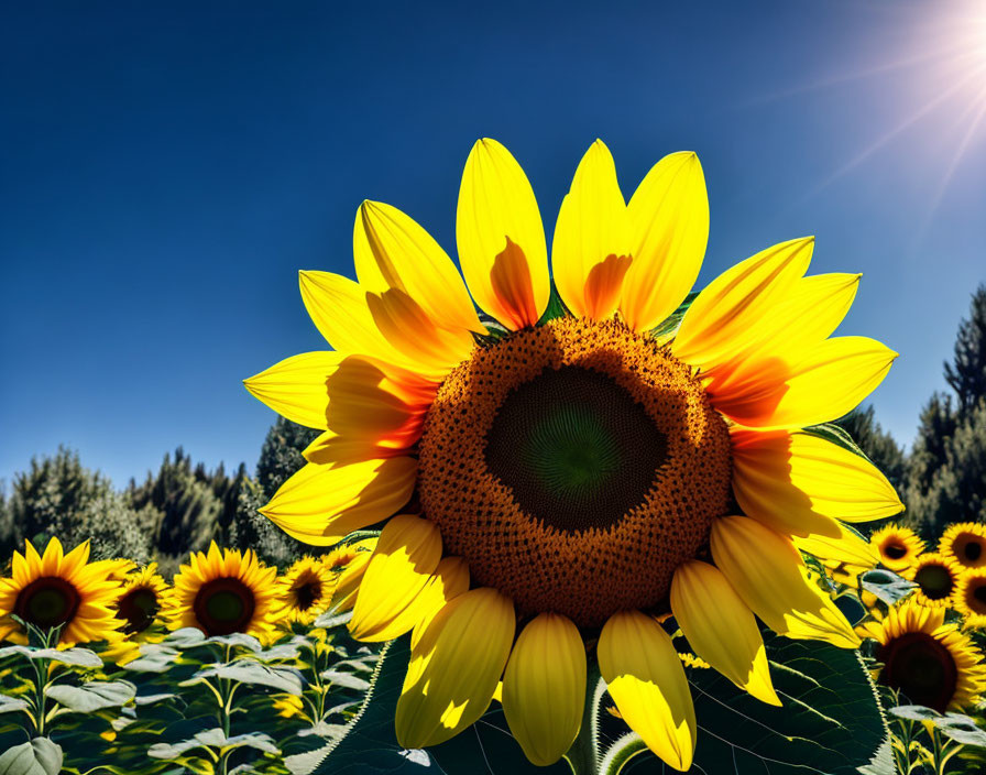 Bright yellow sunflower in sunlit field under clear blue sky