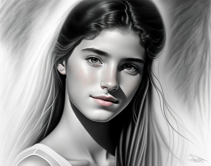 Monochrome digital portrait of a young woman with flowing hair and gentle expression