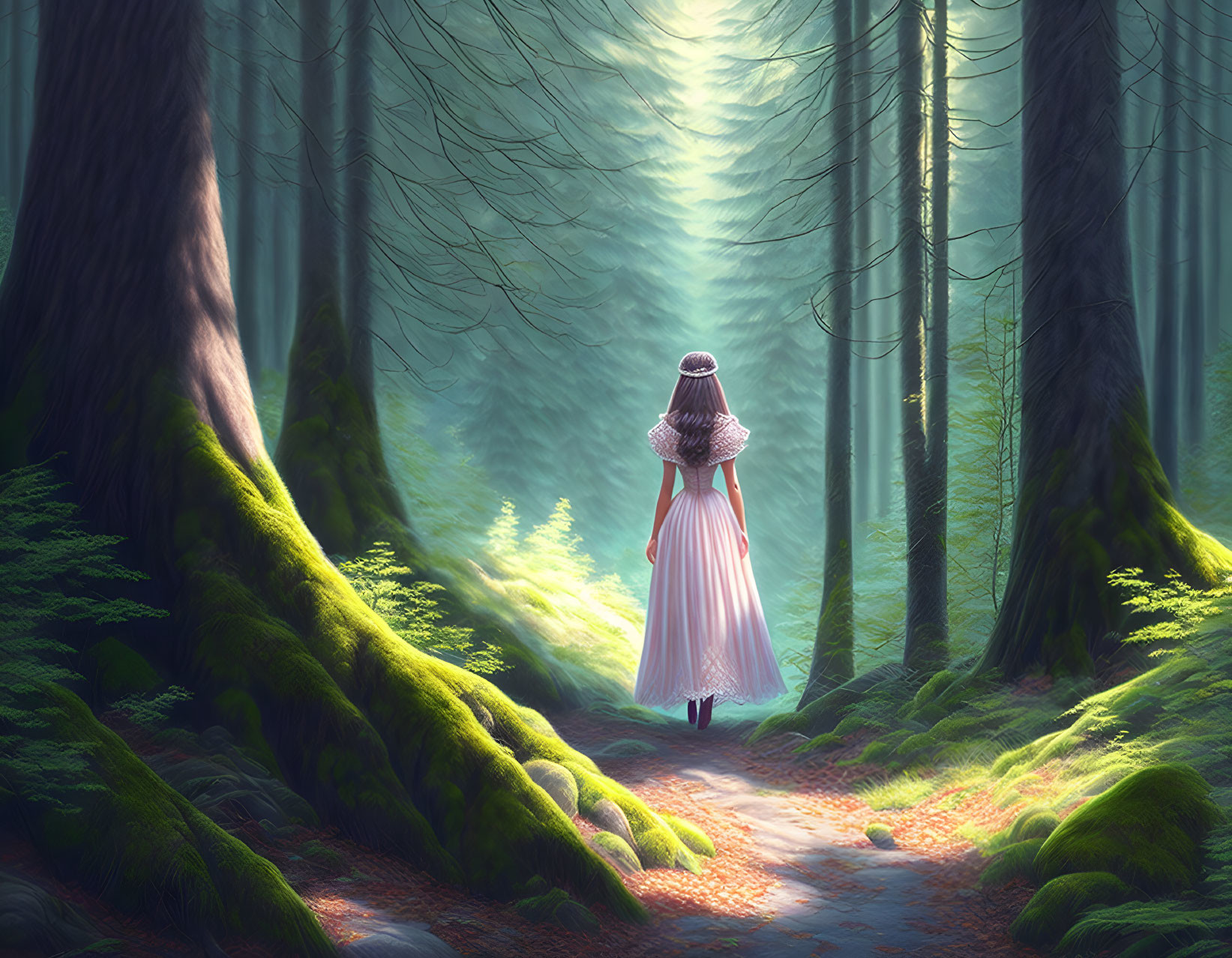 Woman in pink dress walking in sunlit forest path with basket surrounded by towering trees.