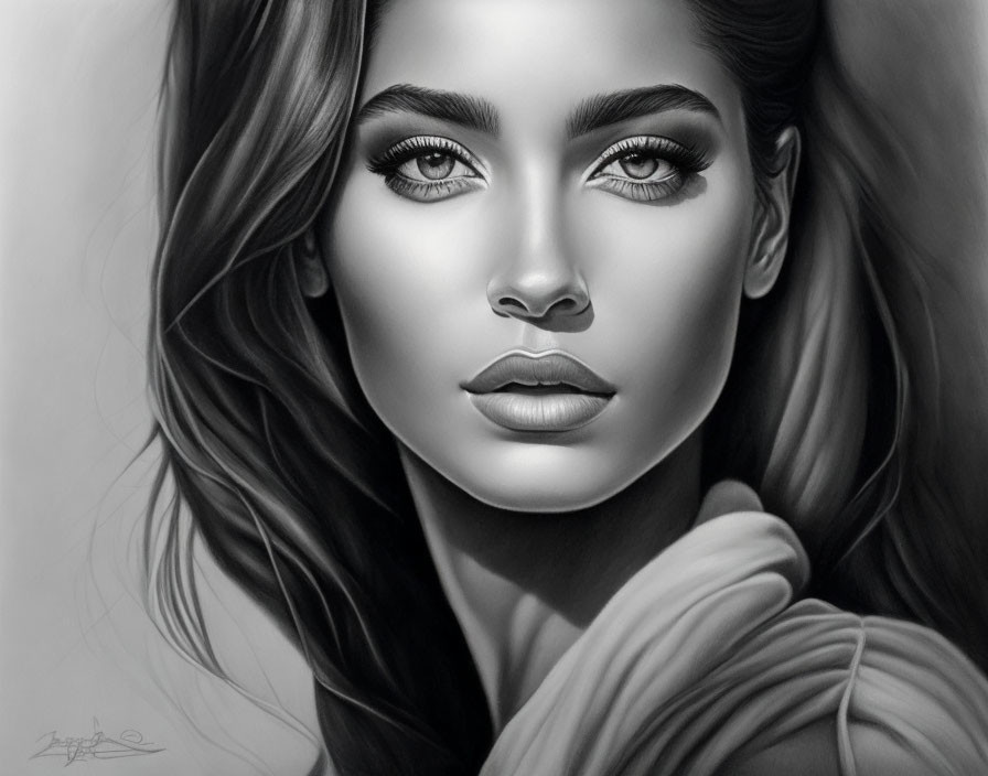 Detailed grayscale portrait of a woman with prominent eyes, full lips, and flowing hair