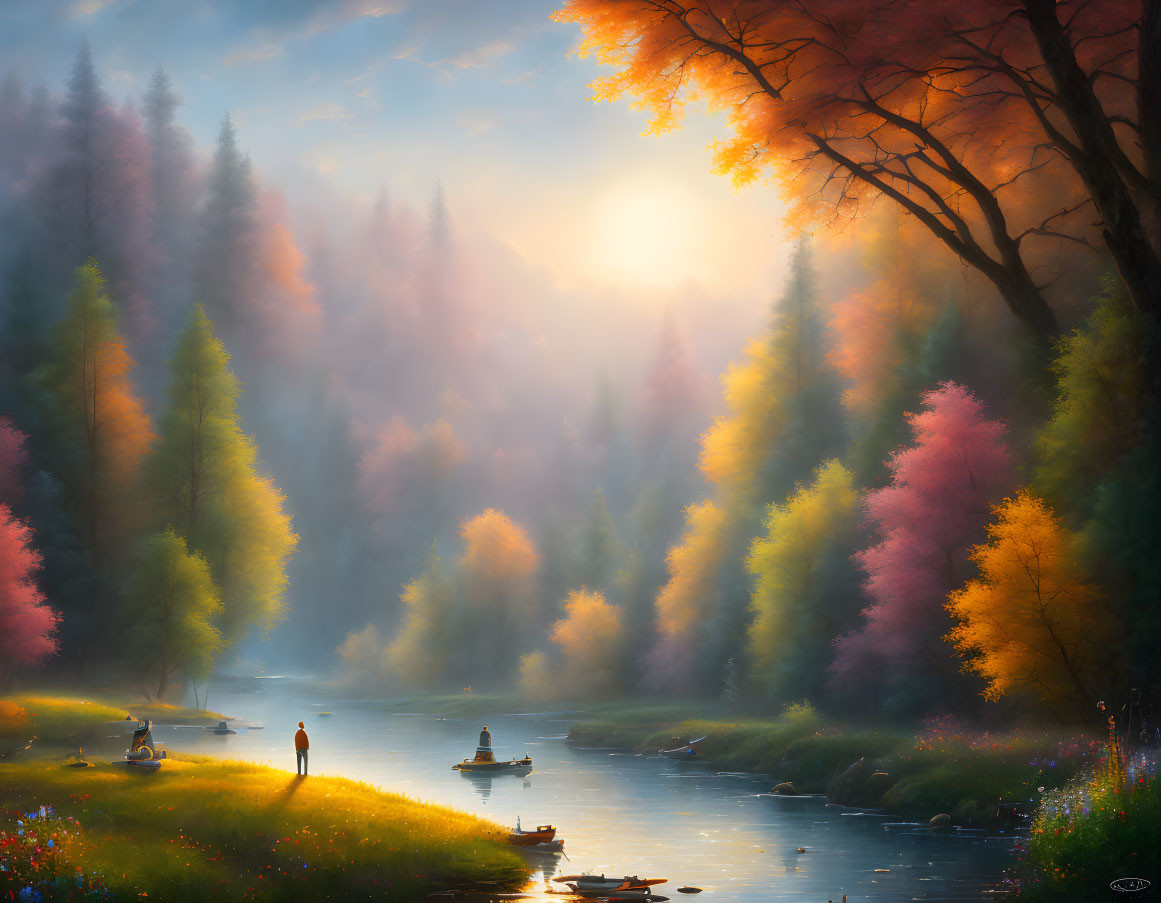 Serene sunrise river scene with misty forest and fishing people