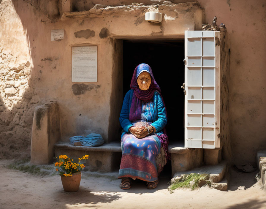 Elderly woman in blue shawl and skirt with yellow flowers beside rustic adobe house