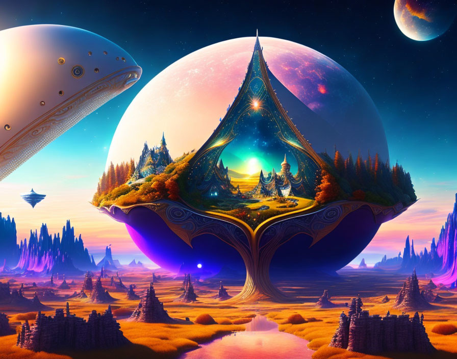 Futuristic sci-fi landscape with floating island, moons, and spaceships