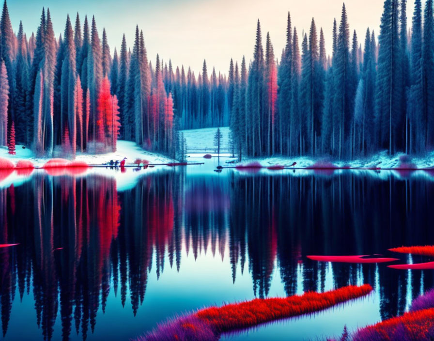 Tranquil lake scene with colorful trees and canoe