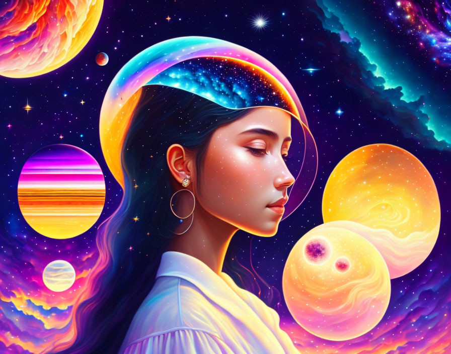 Cosmic-themed digital artwork of a woman with galaxy visor and vibrant colors