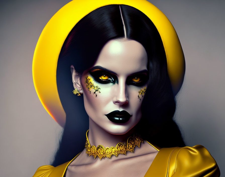 Portrait of Woman with Golden Halo and Dramatic Makeup