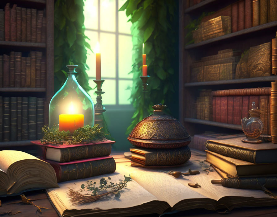 Cozy Study Scene with Candle, Books, Herbs, and Sunlight