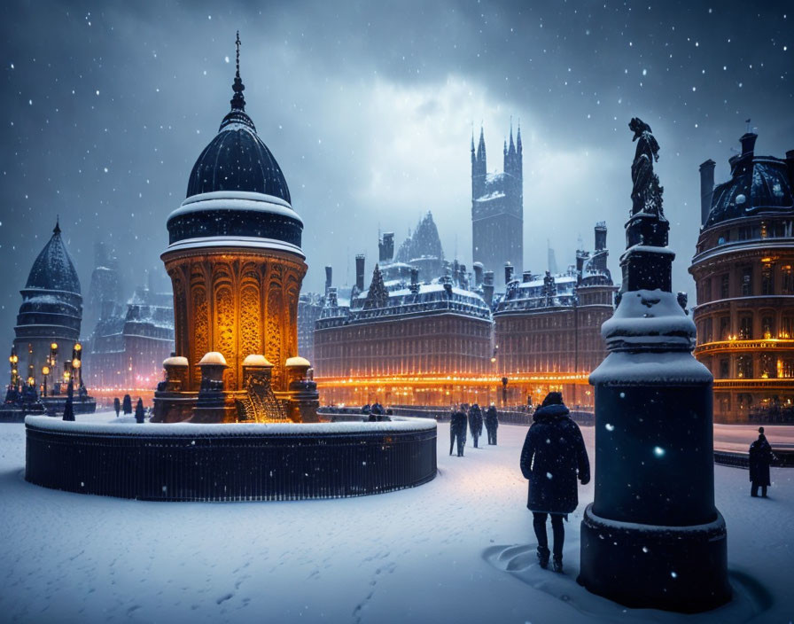 Snowy Evening Scene: People Walking by Historic Buildings Under Twilight Sky