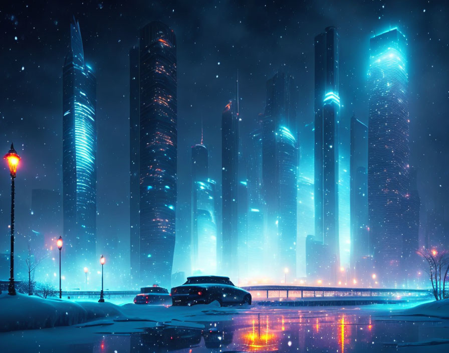 Snow-covered futuristic cityscape with illuminated high-rise buildings and glowing streetlights