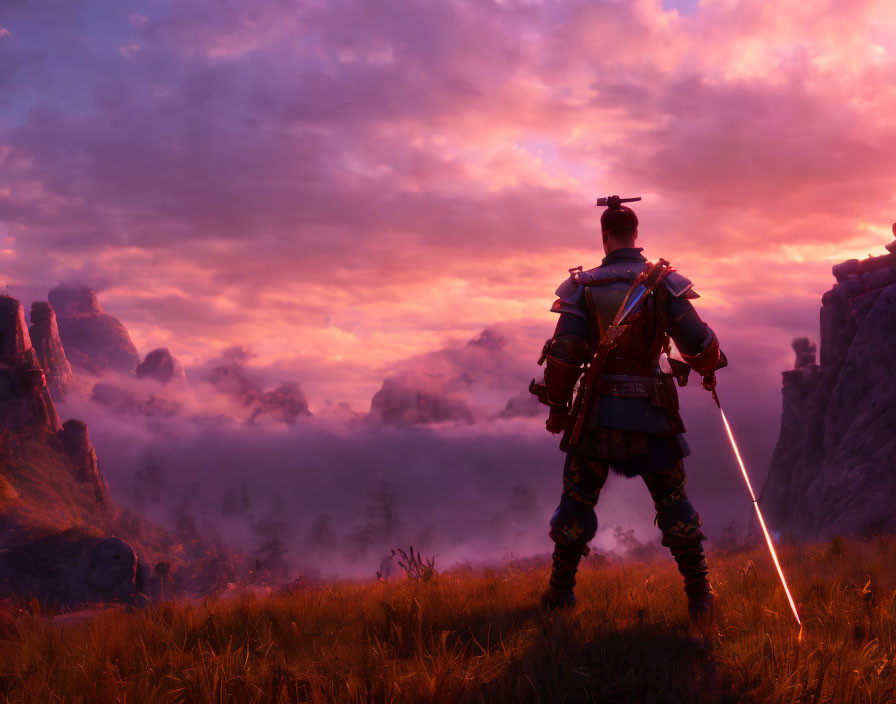 Warrior in traditional armor overlooking misty canyon at sunset.