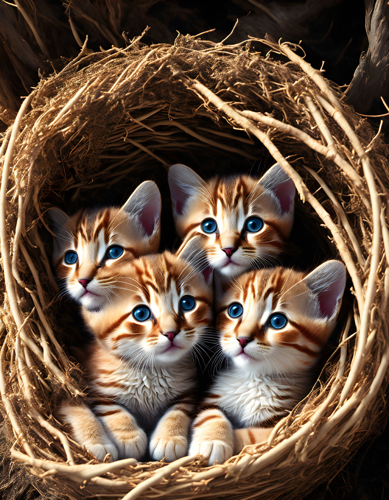 Four Kittens with Striking Blue Eyes in Cozy Straw Nest