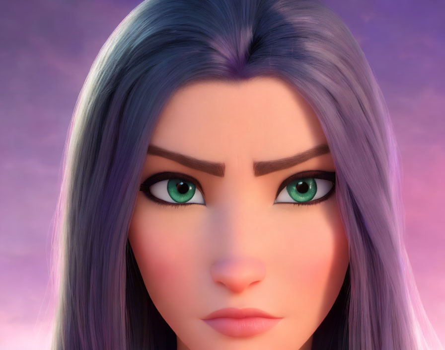 Animated female character: Green eyes, silver hair, purple background