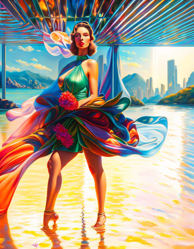 Vibrant painting of woman in flowing dress with surreal cityscape.