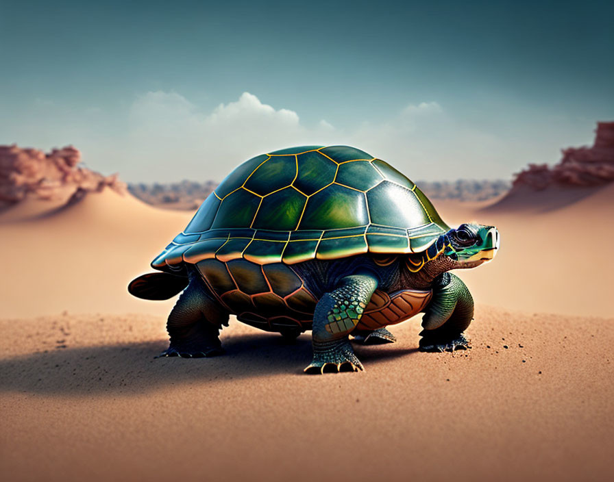 Stylized tortoise with glossy shell on sandy terrain and rock formations under hazy sky