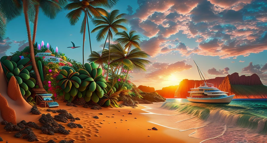 Tropical beach sunset with palm trees, yacht, and colorful sky