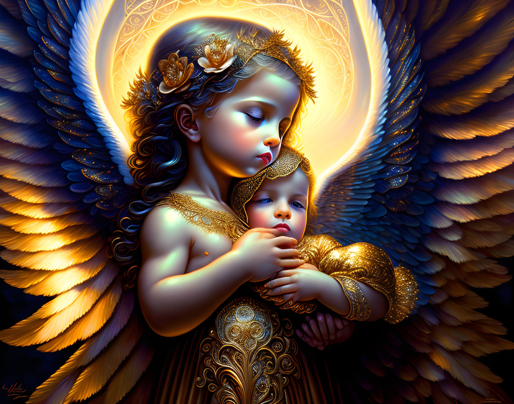 Digital artwork: Angelic child with golden wings embracing sleeping infant in ornate attire against radiant backdrop